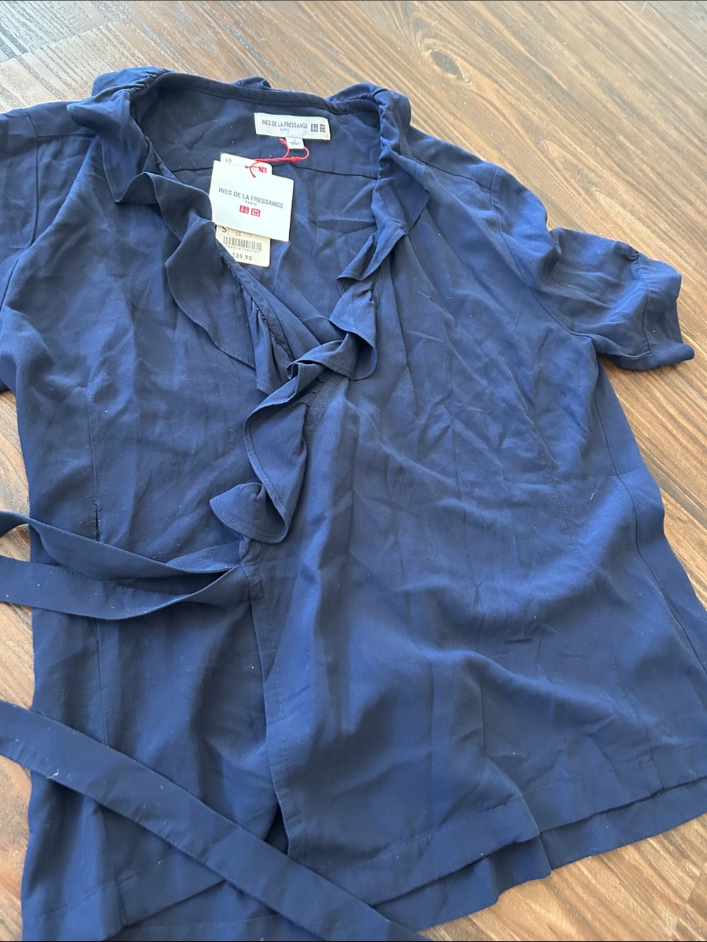 Ines de la Fressange Navy Ruffle Wrap Blouse - Women's Top